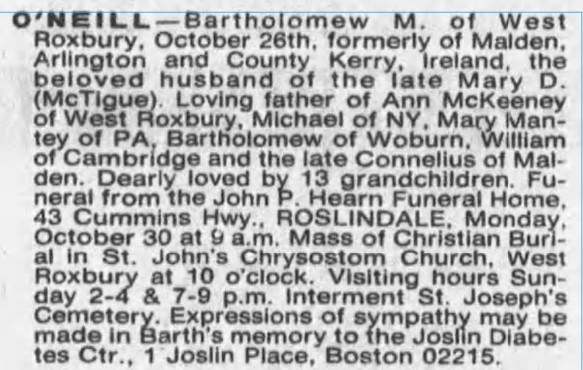 Bartholomew 1908 death notice 1989